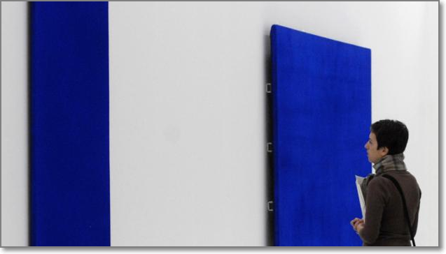 Yves Klein paintings on display as part of Blue Revolution exhibition at the Mumok Museum in Vienna in 2007 (Samuel Kubani/AFP/Getty Images) https://www.bbc.com/culture/story/20140828-the-man-who-invented-a-colour