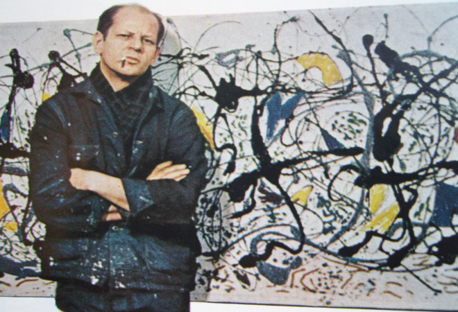 Jackson Pollock in front of ‘Summertime: Number 9A’ for LIFE magazine, 1949 | Image source: kazoart.com