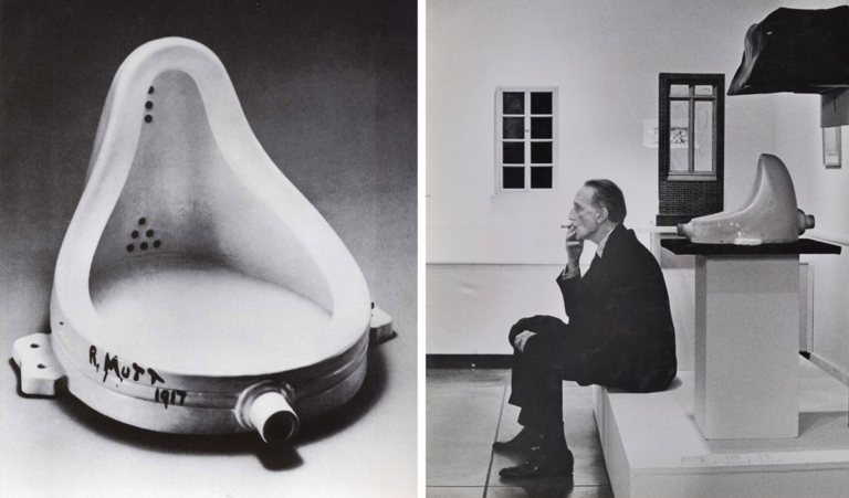 Marcel Duchamp's Fountain, 1917, via Wikimedia Commons, [Right] Duchamp smoking in front of Fountain, Duchamp Retrospective, Pasadena Art Museum, 1963