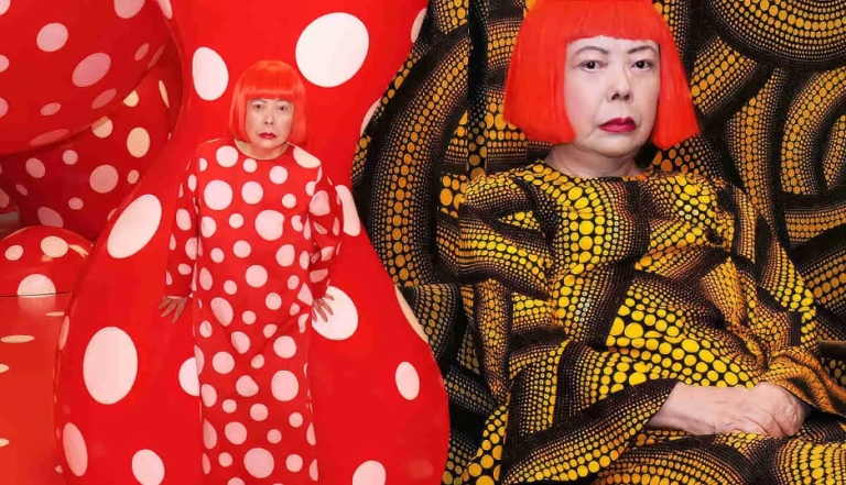 [Left] Kusama with her piece Dots Obsession, 2012, via AWARE, [Right] Yayoi Kusama (Courtesy Whitney Museum of American Art) | Source: thecollector.com